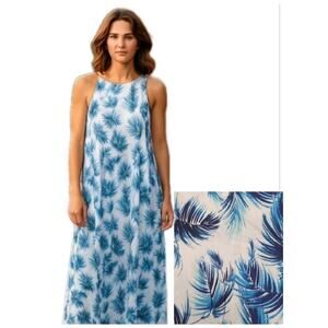ISLAND COLLECTIONS Maxi Dress Womens Size L Blue White Feather UPF 50 NEW NWT
